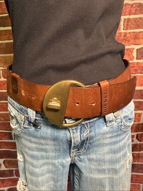 🥋Diesel Wide Leather Belt Brown Brass Buckle Made in Italy 36-38